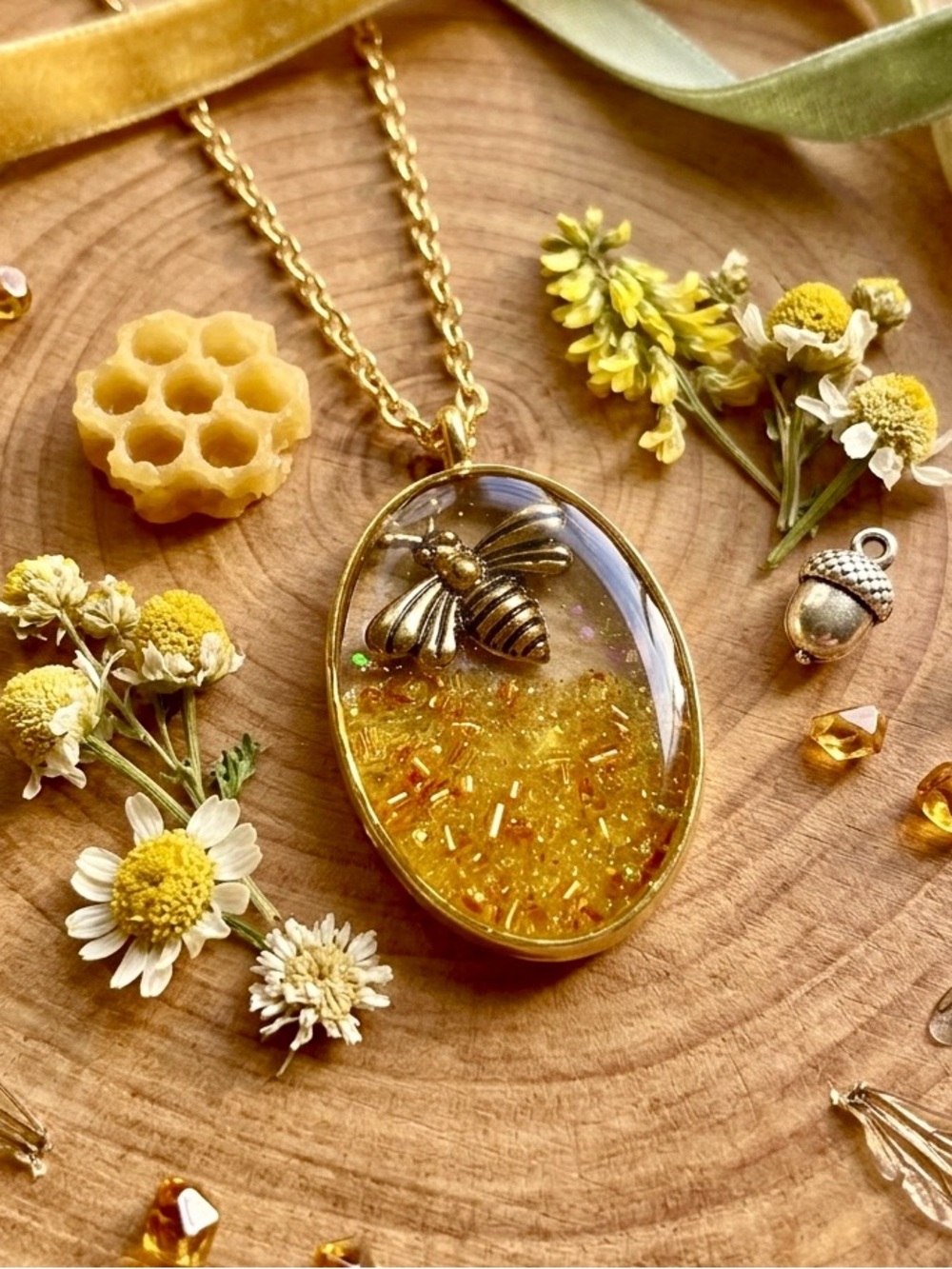Gold Bee Resin Pendant Necklace in Yellow
